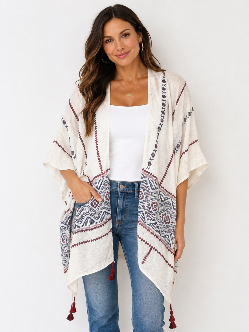 Women’s Boho Kimono One Size Embroidered Open Front Tassel Cover Up